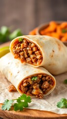Traditional Mexican food, Beef burritos with meat and beans with vegetable