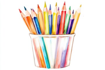 Colorful array of pencils in a white cup, showcasing a vibrant mix of hues for artistic inspiration.