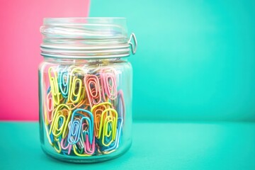 Colorful paperclips in a clear jar against a vibrant turquoise and pink background.