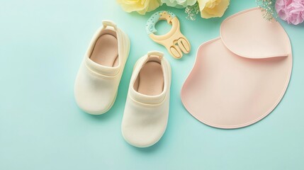 Baby Shoes, Silicone Bib, and Teether Set on Soft Pastel Background for Infants