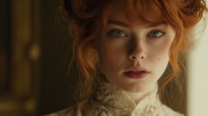 Fototapeta premium A striking young woman with vibrant red hair gazes thoughtfully towards the viewer, adorned in a delicate lace blouse, surrounded by soft, natural light in a vintage-inspired room.