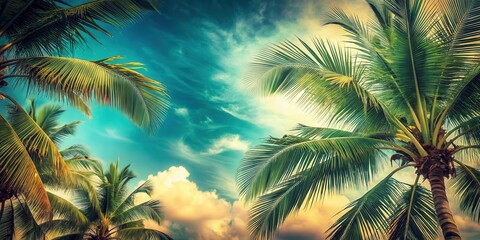 Fototapeta na wymiar Coconut palm tree foliage under sky. Vintage background. Retro toned poster, coconut palm, tree, foliage, sky, vintage, retro