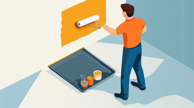 A male artist paints an accent wall with orange, showcasing creativity and home improvement.