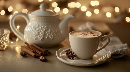 Fototapeta premium Cozy Tea Setup with Cup, Teapot, Cinnamon Sticks, and Twinkling Lights