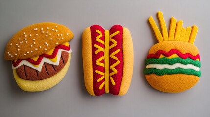 Colorful Felt Food Crafts for Kids, Hamburger, Hot Dog, Fries