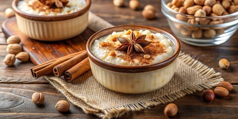 Close-up of a delicious homemade Turkish rice pudding topped with cinnamon and hazelnuts, pudding, rice, milk, dessert, Turkish