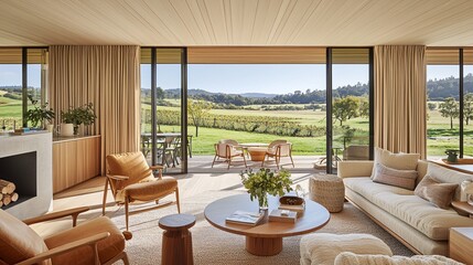 Modern Living Room with Scenic View of Green Landscape