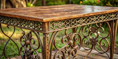 Rustic old iron table with intricate scrollwork design, rustic, vintage, antique, metal, outdoor furniture, patio, weathered