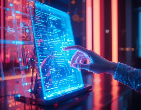 Una mano futurista con dedos delgados y un brillo suave y et&eacute;reo, interact&uacute;a suavemente con una pantalla t&aacute;ctil azul vibrante que parece integrarse perfectamente con el entorno circundante