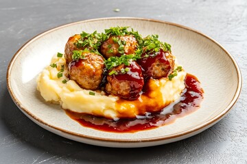 Naklejka premium Delicious meatballs on creamy mashed potatoes a culinary delight in bright kitchen
