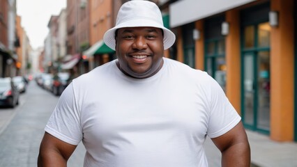 Plus size black man wearing white t-shirt and white bucket hat standing on the street