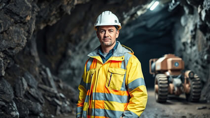 Mine Worker in Safety Jacket and Helmet at Underground Mine