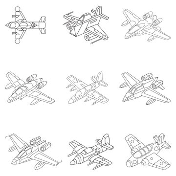 Adult military aircraft coloring page for book and drawing. Airplane. War-plane. Vector illustration. Vehicle. Graphic element. Plane. Black contour sketch illustrate Isolated on white background.