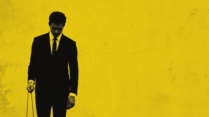 Businessman in a suit, pulling a string, retro poster style, yellow background, minimalist design