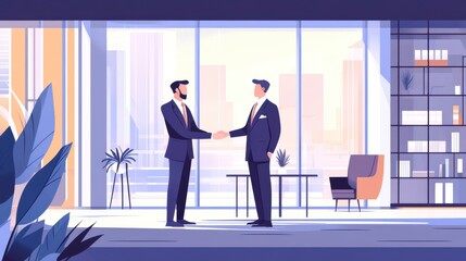 Successful Business Deal. Two businessmen concluding a meeting with a handshake in a bright office with a panoramic window view