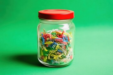 A clear jar filled with colorful paper clips against a vibrant green background.