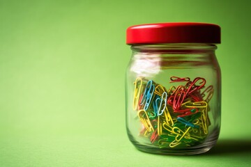 A jar filled with colorful paper clips on a vibrant green background.