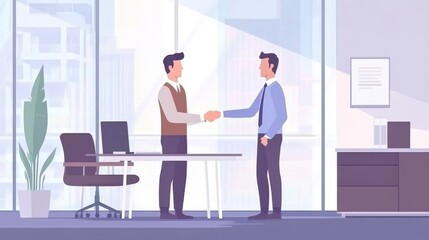 Business Partnership. Businessmen shaking hands to seal a deal in a modern office with a panoramic window view