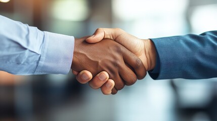 Professional businessmen shaking hands in modern office, smiling, bright daylight 