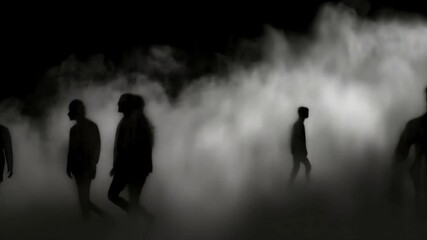 Jet black background. Silhouettes of people in the fog. The fog is getting thicker and thicker.