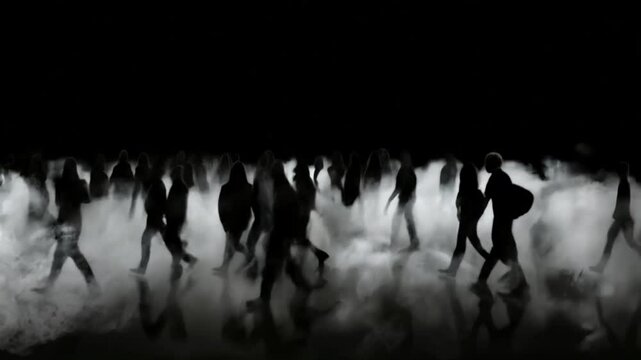 Amidst the smoke, many silhouetted people walk away. A video that seems to express urban anxiety.