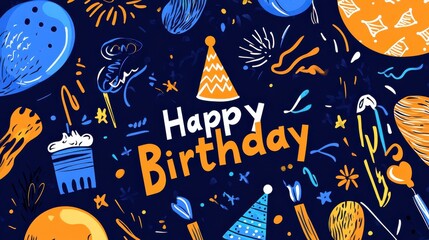 Happy Birthday Vector Template. Colorful vector birthday template featuring "Happy Birthday," a party hat, balloons, cake, whistles, and an abstract background.