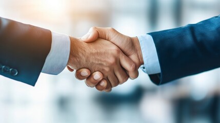 Business Deal. Two businessmen warmly shaking hands in a sleek, modern office with natural light. Professional setting