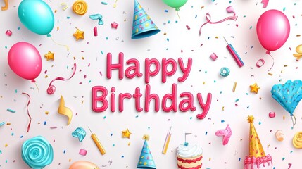 Birthday Party Vector. Vector birthday template with "Happy Birthday," party hat, balloons, cake, whistles, and an abstract background