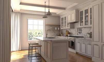 Fototapeta premium A minimalist kitchen with marble surfaces, white cabinets, pendant lighting, bar stools, wooden floors, and a curtained window