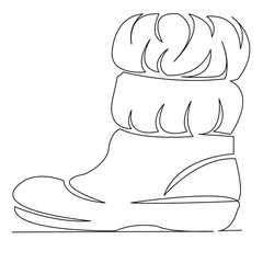 One continuous single drawing line art flat doodle boot, fashion, cold, shoe, object, white, footwear, snow, winter, snowflake. Isolated image hand draw contour on a white background
