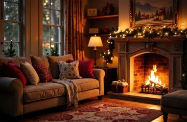festive atmosphere, holiday decor and new year greeting card design. cozy Christmas living room with mocha mousse-colored pillows, glowing fireplace and soft golden lighting.