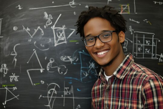 Smiling young Black male student with glasses, standing in front of a chalkboard filled with mathematical equations.