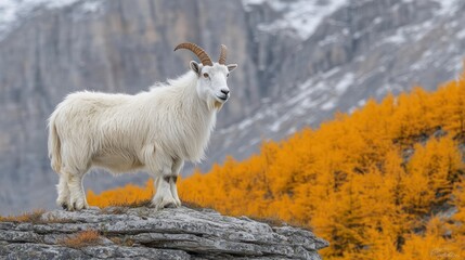 Fototapeta premium Majestic white mountain goat stands atop a rocky outcrop amidst a backdrop of autumnal golden larch trees and gray mountains.