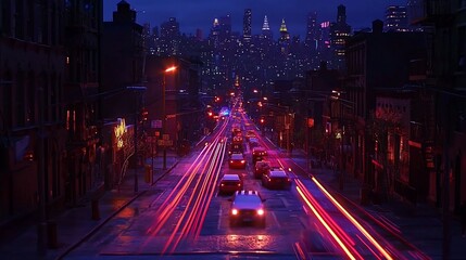 Obraz premium Night city street, traffic light trails, urban landscape.