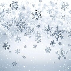 A serene winter scene featuring delicate snowflakes gracefully falling against a soft gray background.