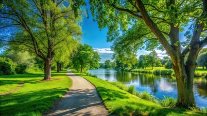 Tranquil pathway along a serene riverside in a lush green park under a clear blue sky, serene, riverside, pathway, lush, green, park