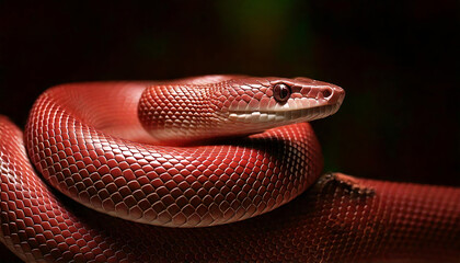 Fototapeta premium A red snake is curled up on a branch. The snake is long and thin, with a red body and black head. The snake appears to be resting, and the image has a calm and peaceful mood.