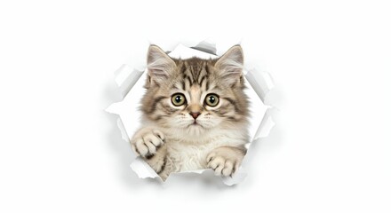 Obraz premium Charming Minuet Kitten Poking Through Torn Paper - Fluffy and Elegant on White Background