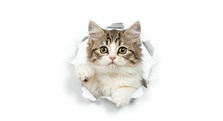 Charming Minuet Kitten Poking Through Torn Paper - Fluffy and Elegant on White Background