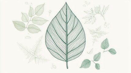 Detailed illustration of a large leaf surrounded by smaller leaves and botanical elements.