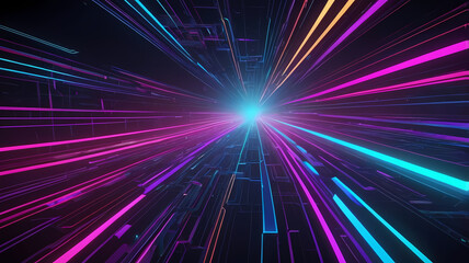 Neon Speed Tunnel: Abstract digital art showcasing a futuristic tunnel of vibrant neon lights, radiating a sense of speed and energy. Perfect for themes of technology, innovation, and the future. 