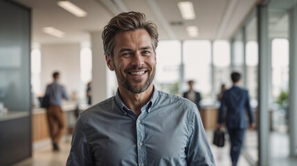 Obraz premium Smiling man in a bright office with businesspeople in the background