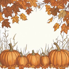 A vibrant display of pumpkins and autumn leaves in warm shades of orange and gold.