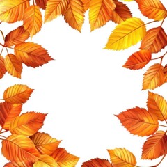 A beautiful autumn frame of vibrant orange and yellow leaves set against a crisp white background.