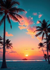 Tropical sunset beach, silhouetted palm trees, vibrant orange and pink sky, calm ocean horizon, gradient teal to orange sky, dramatic clouds, golden sun touching water, serene tropical landscape, phot