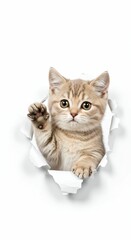 Obraz premium Adorable Munchkin Kitten Emerging Through Torn Paper - Playful Feline on White Background