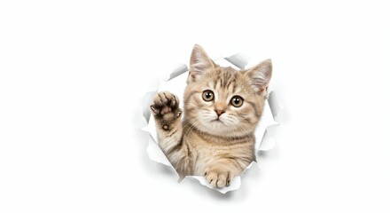 Obraz premium Adorable Munchkin Kitten Emerging Through Torn Paper - Playful Feline on White Background