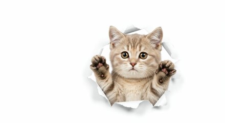 Obraz premium Charming Minuet Kitten Poking Through Torn Paper - Fluffy and Elegant on White Background