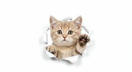 Obraz premium Adorable Munchkin Kitten Emerging Through Torn Paper - Playful Feline on White Background