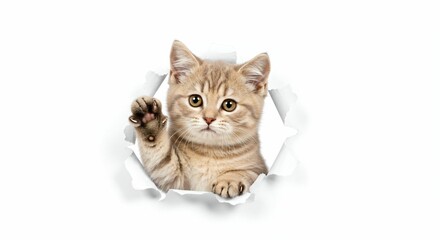 Obraz premium Adorable Munchkin Kitten Emerging Through Torn Paper - Playful Feline on White Background